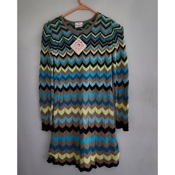 Hanna Anderson Sz 140 Girl’s Dress US 10/11 Cotton Blue Chevron Long Sleeve - Picture 1 of 5